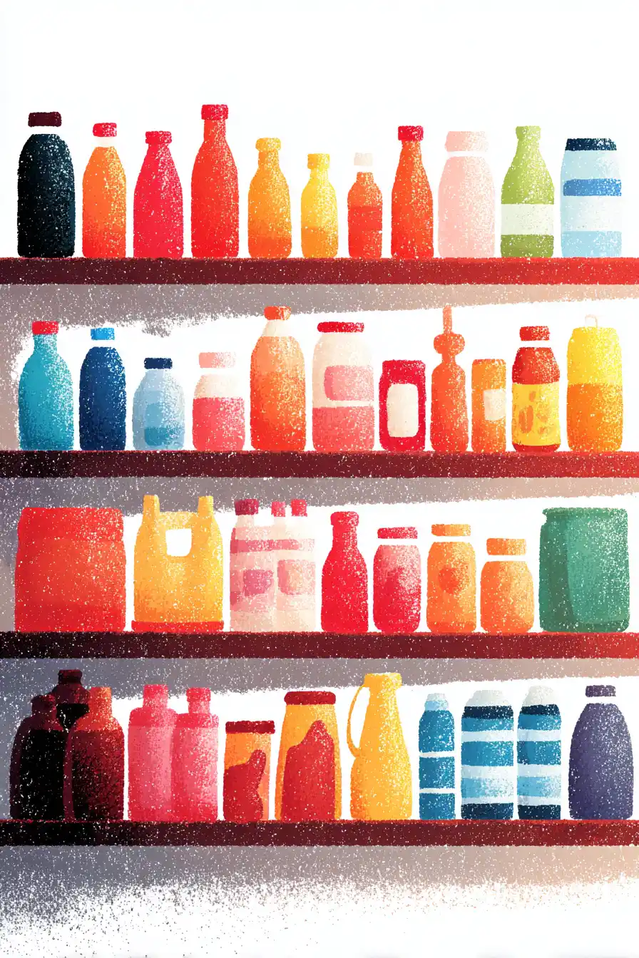 Textured editorial illustration of four shelves densely packed with bottles and containers of varying shapes in a full spectrum of colors, evoking an overcrowded marketplace where individual products struggle to stand out.