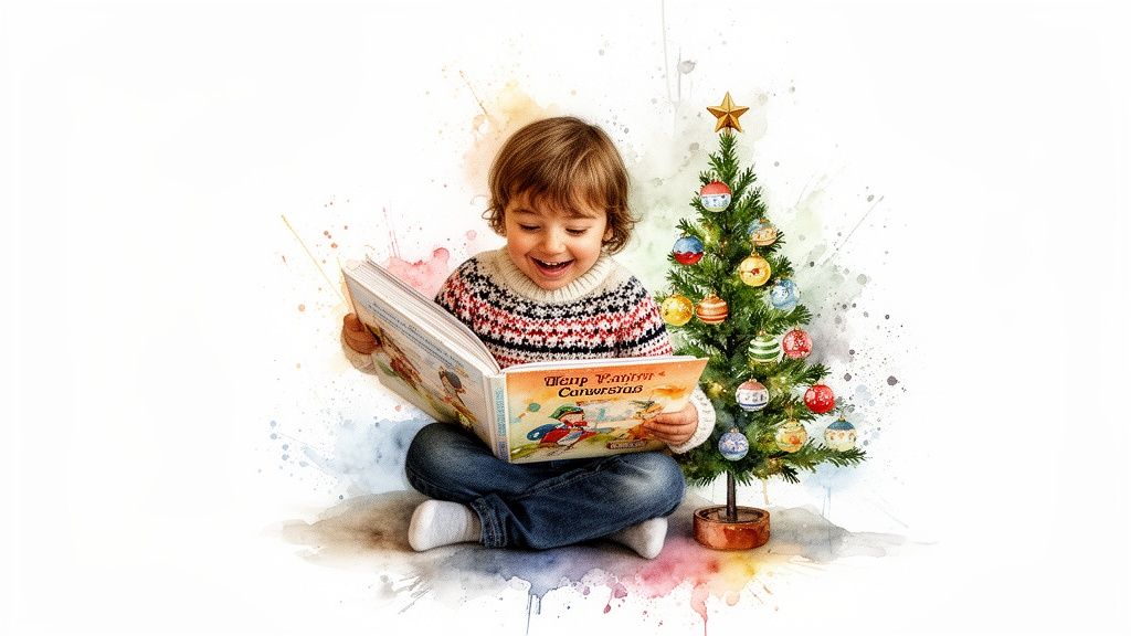 A joyful child reads a Christmas storybook by a decorated tree, watercolor style.