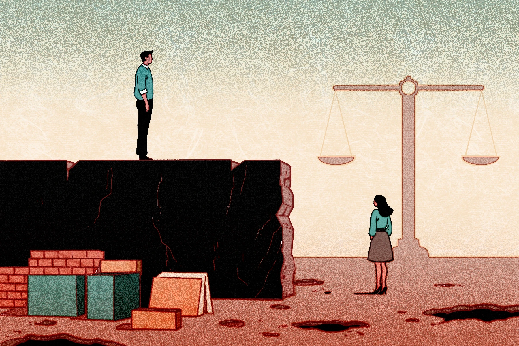 Illustration showing a man standing on a crumbling wall to the left. On the right, a woman is standing on the floor. There are holes dug in the ground around her. A pair of scales can be seen in the background. Illustration by Feimo Zhu for an article written by Daniel Aaron Levy. 