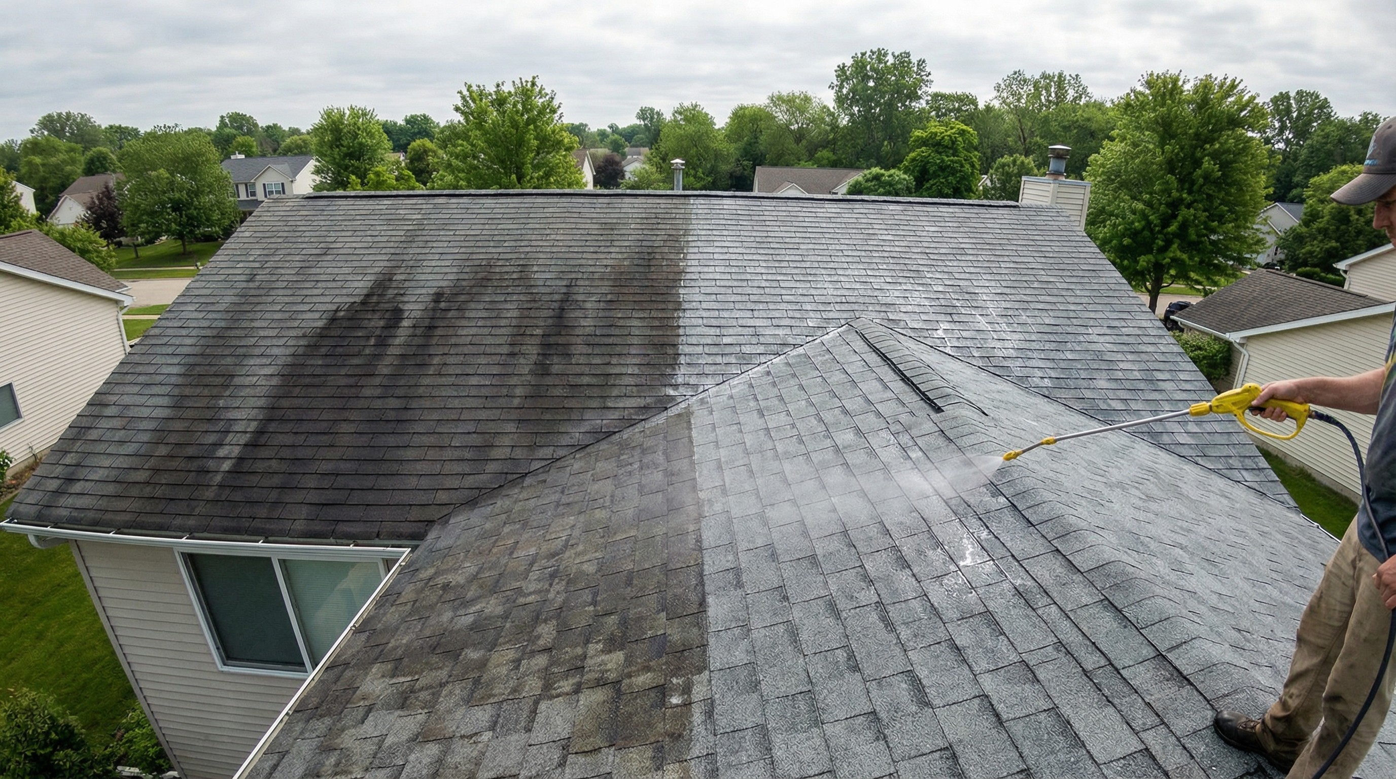 Roof cleaning comparison showing a before and after. Pressure washer cleaning asphalt shingles. Professional roof maintenance service.