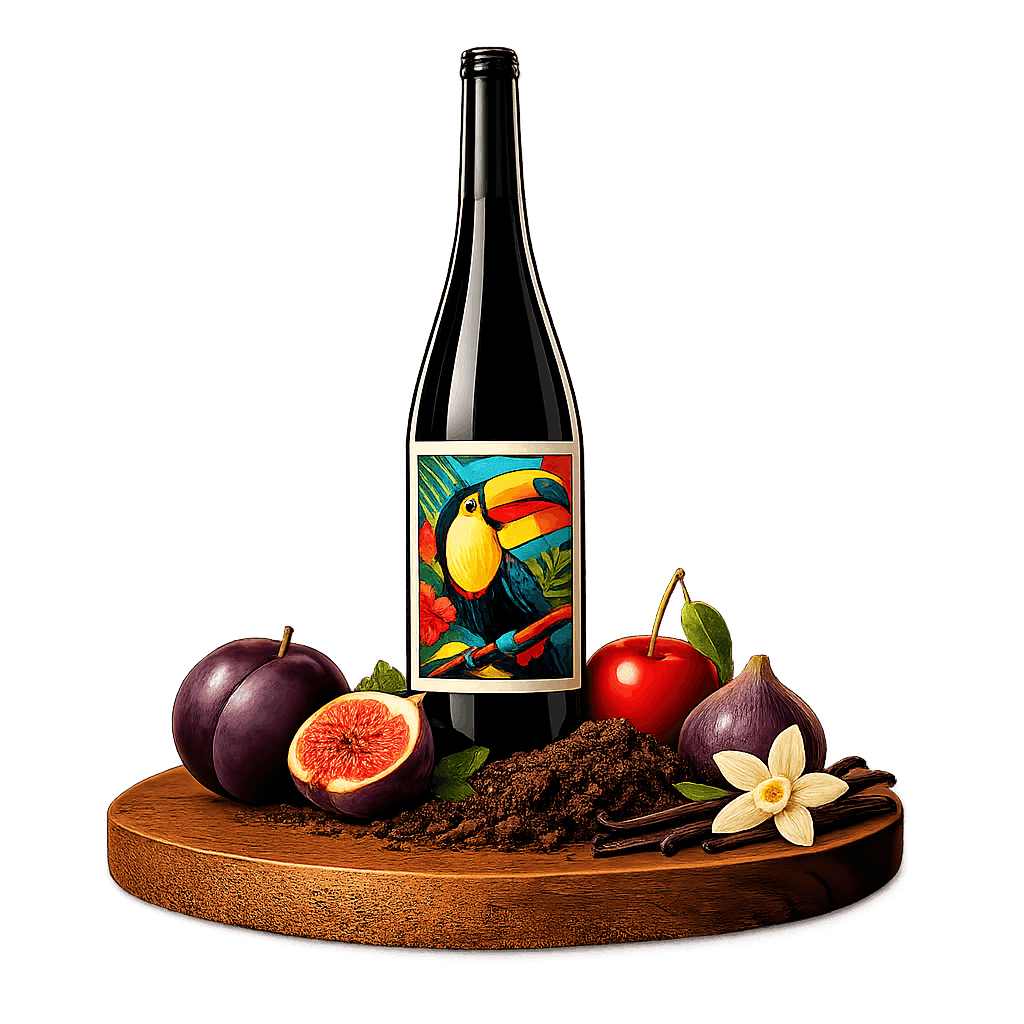 Artistic label and flavor profile for Brazilian Merlot on a rustic wooden table.