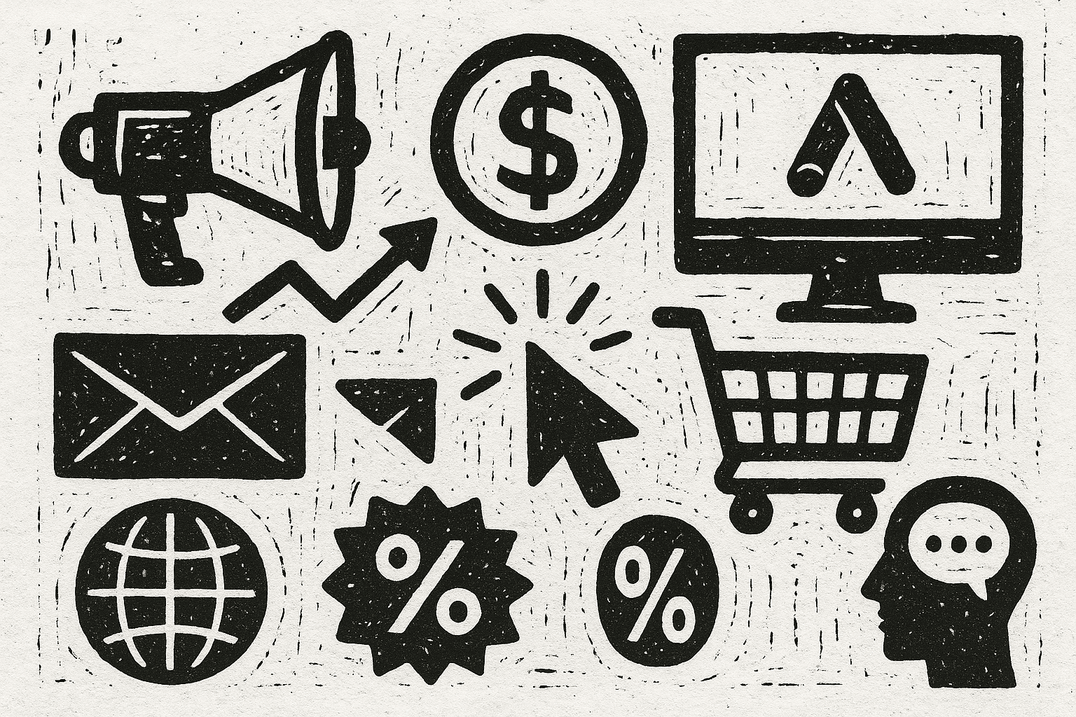 Symbols of screens, letters, and sale signs