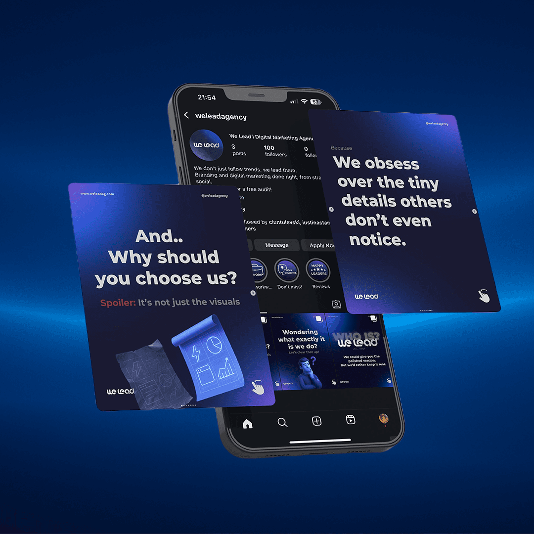 3D mockup showing social media posts and a smartphone screen with We Lead Agency’s Instagram page, illustrating social media marketing services focused on creative visuals, strategy and engagement.