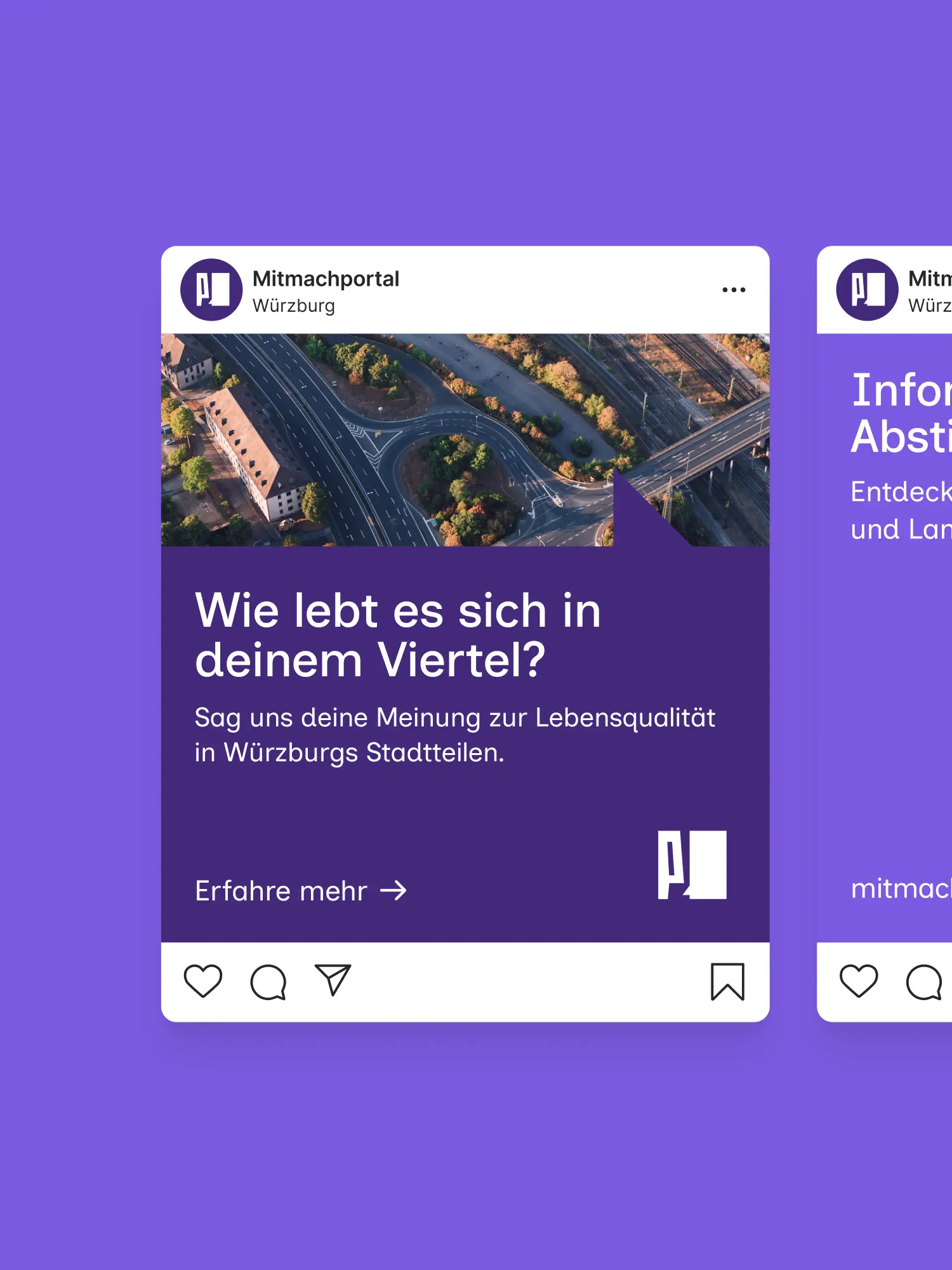 Instagram-Mockup „Wie lebt es sich in deinem Viertel?“ zum Mitmachportal Würzburg mit Luftbild einer Kreuzung.
