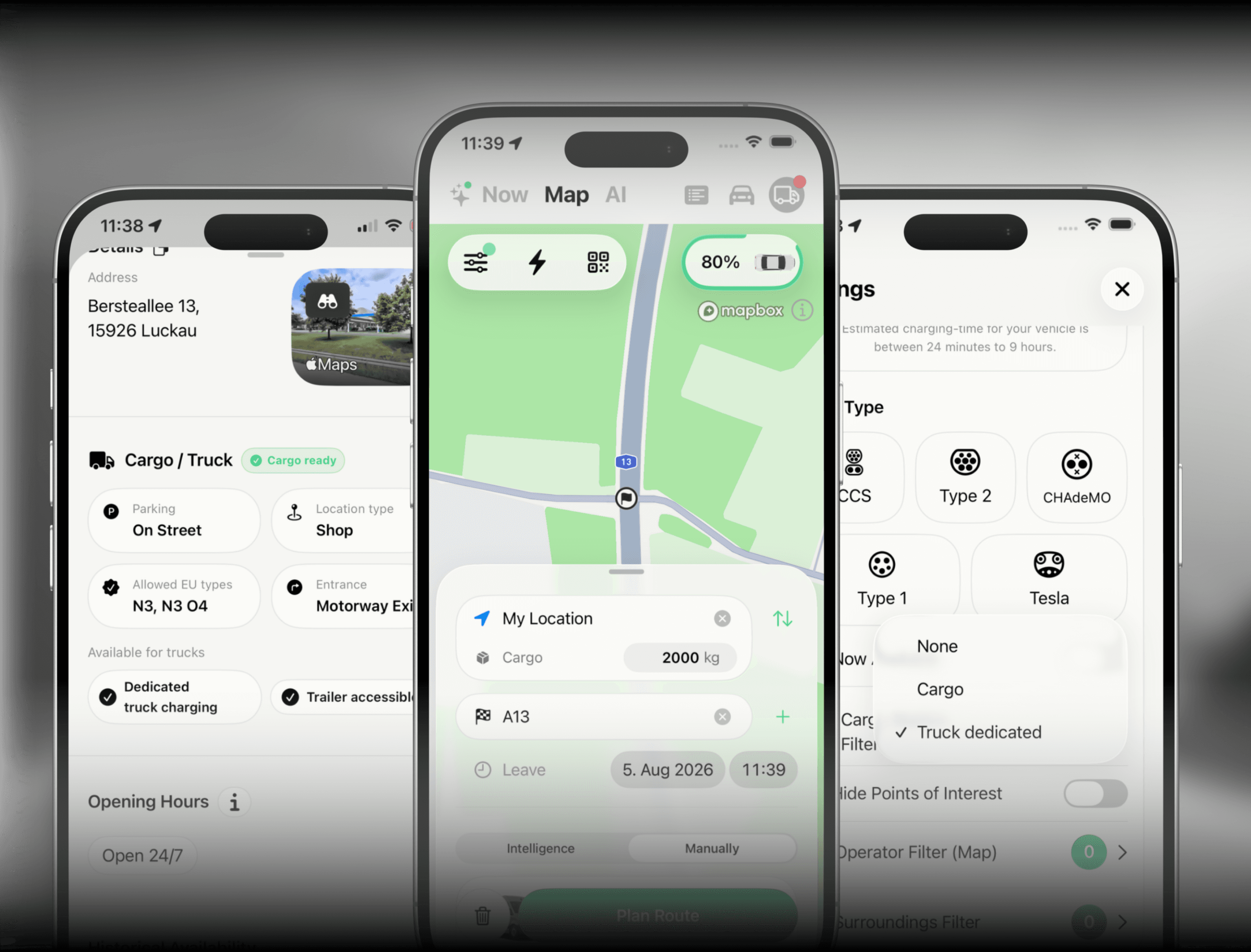 Smartphones showing StromNow EV truck navigation and charging station route planner for commercial electric trucks and vans.