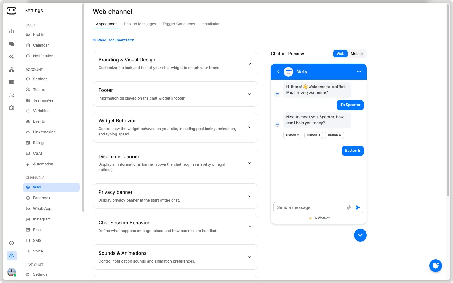 chat widget customization and branding, WotNot