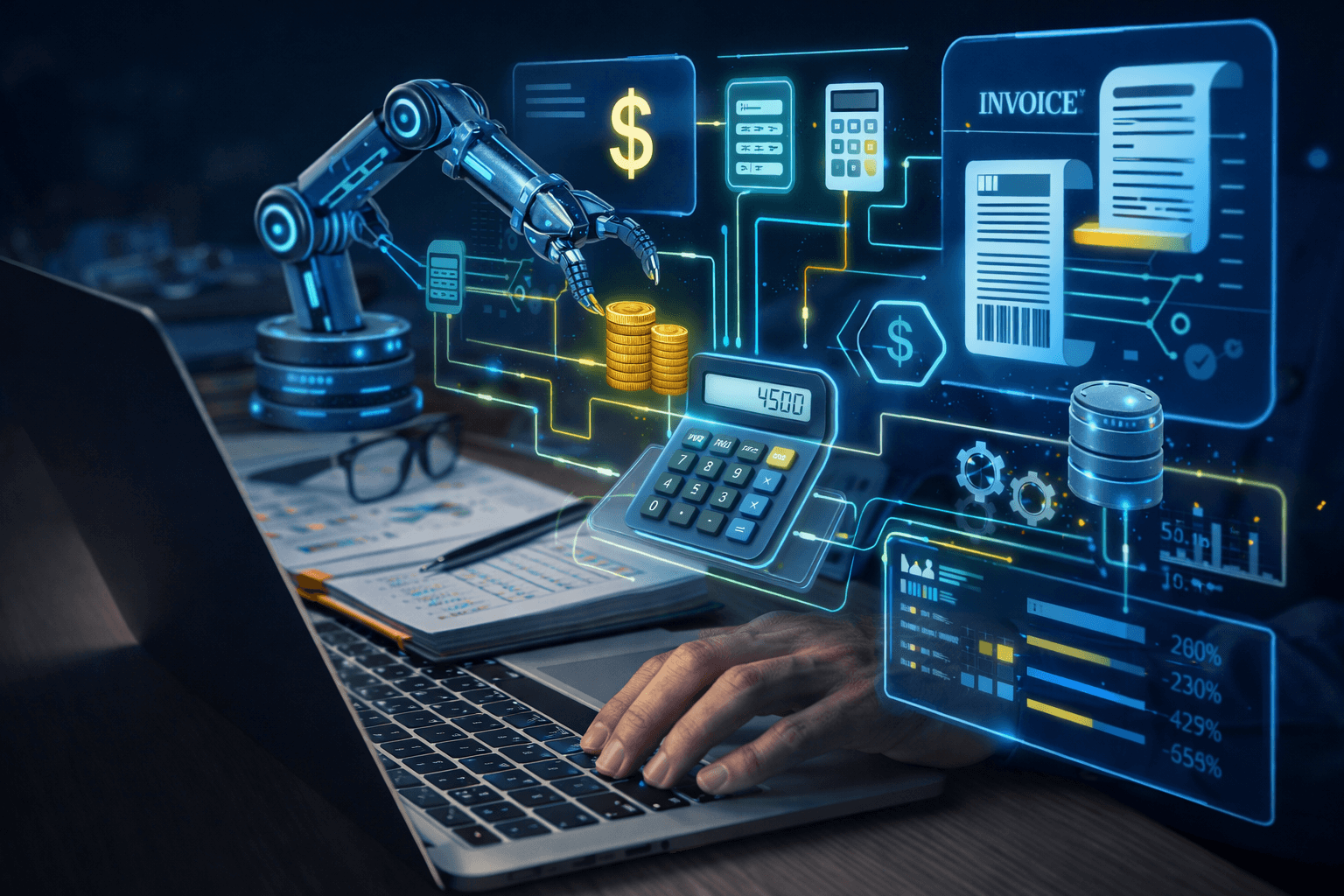 Automatización contable en empresas: robot procesando facturas, pagos y datos financieros en un entorno digital integrado con software contable y análisis financiero.