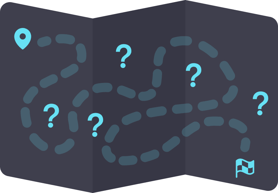 A dark map with a dashed path connects a location pin to a finish flag. Four question marks are scattered along the path, suggesting uncertainty or mystery.