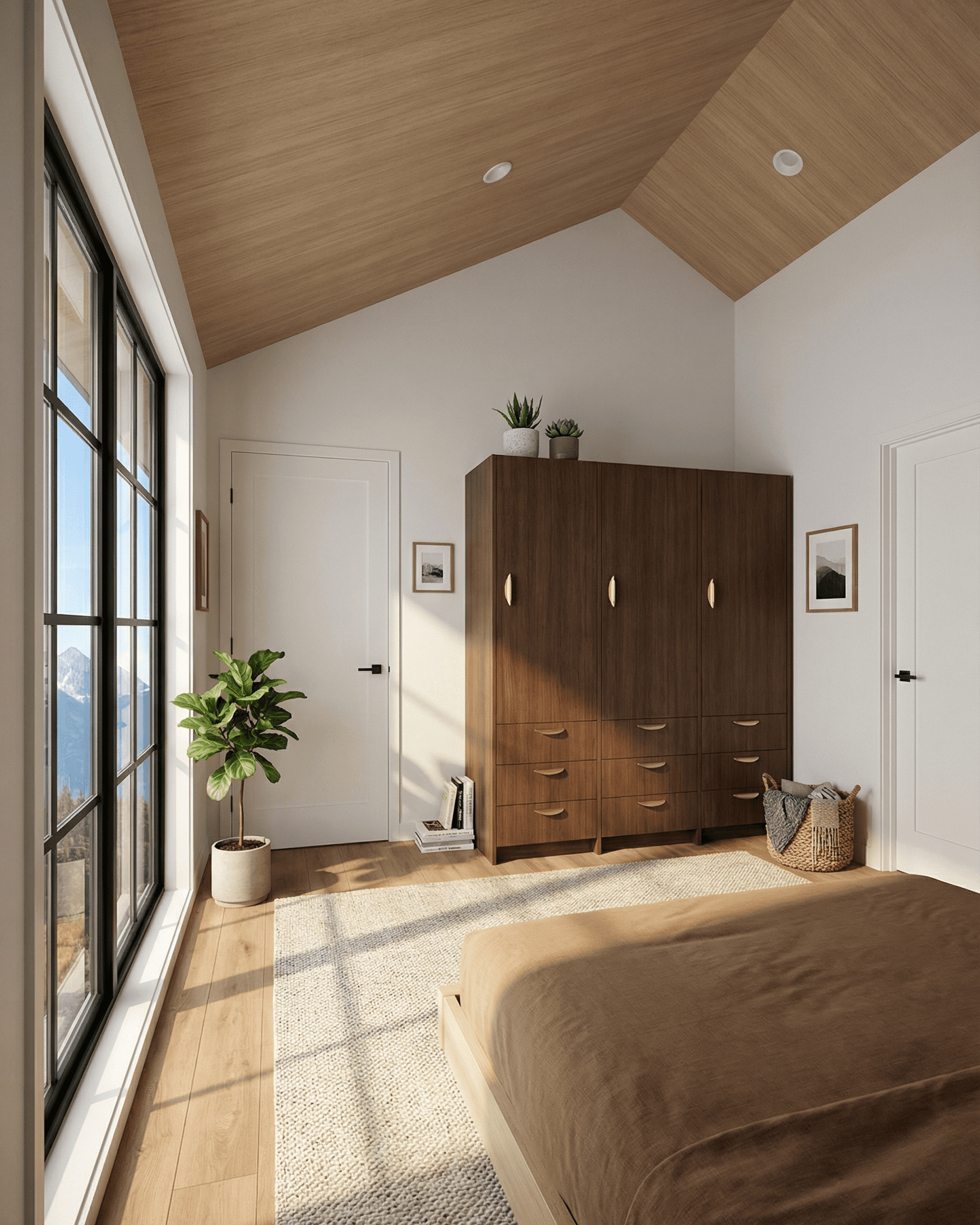Warm cabin bedroom with vaulted wood ceiling, large black-framed window, walnut wardrobe, neutral bedding, and sunlight across wood floors.