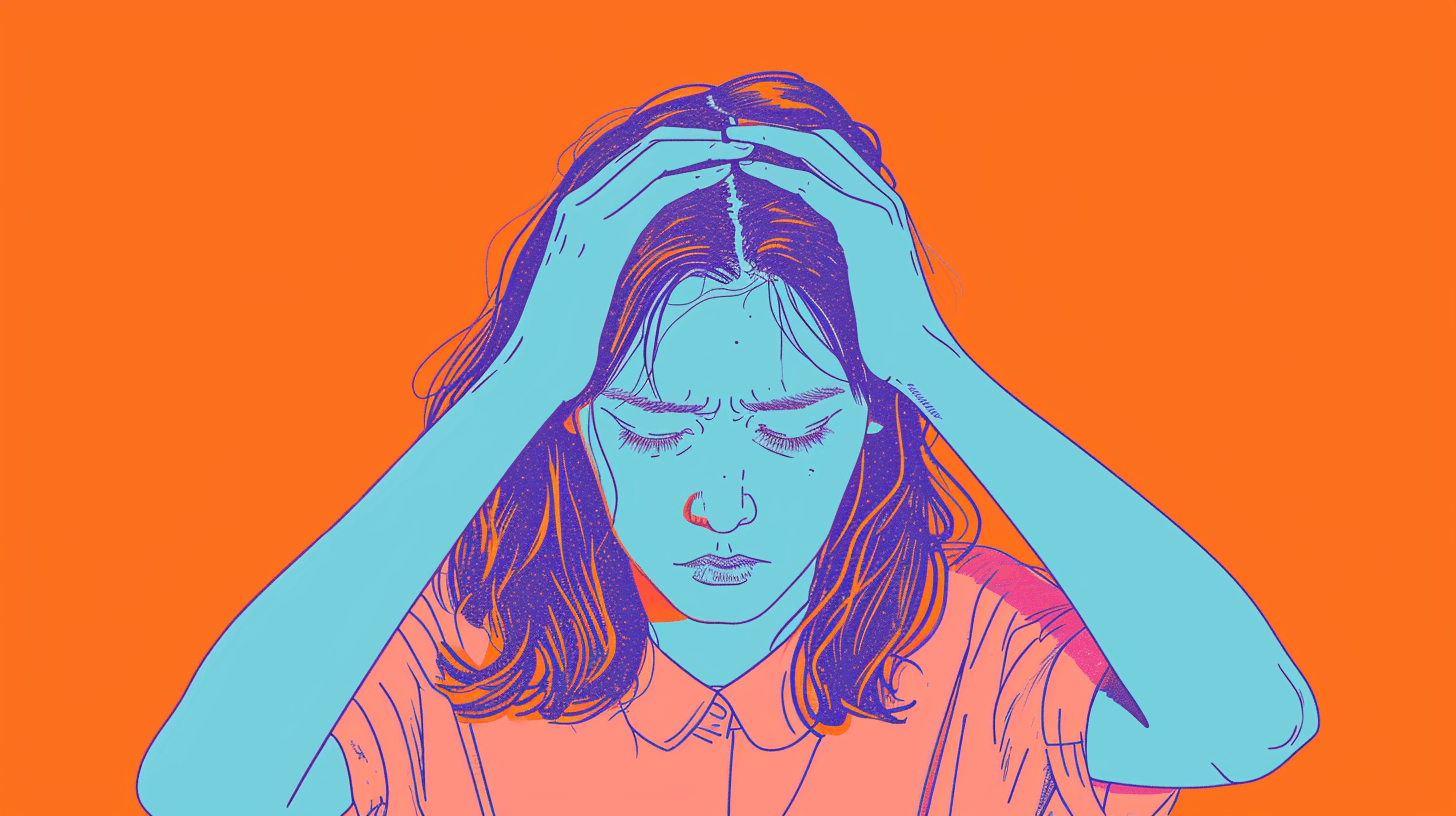 Distressed woman holding her head, with cool tones on orange having anxiety.