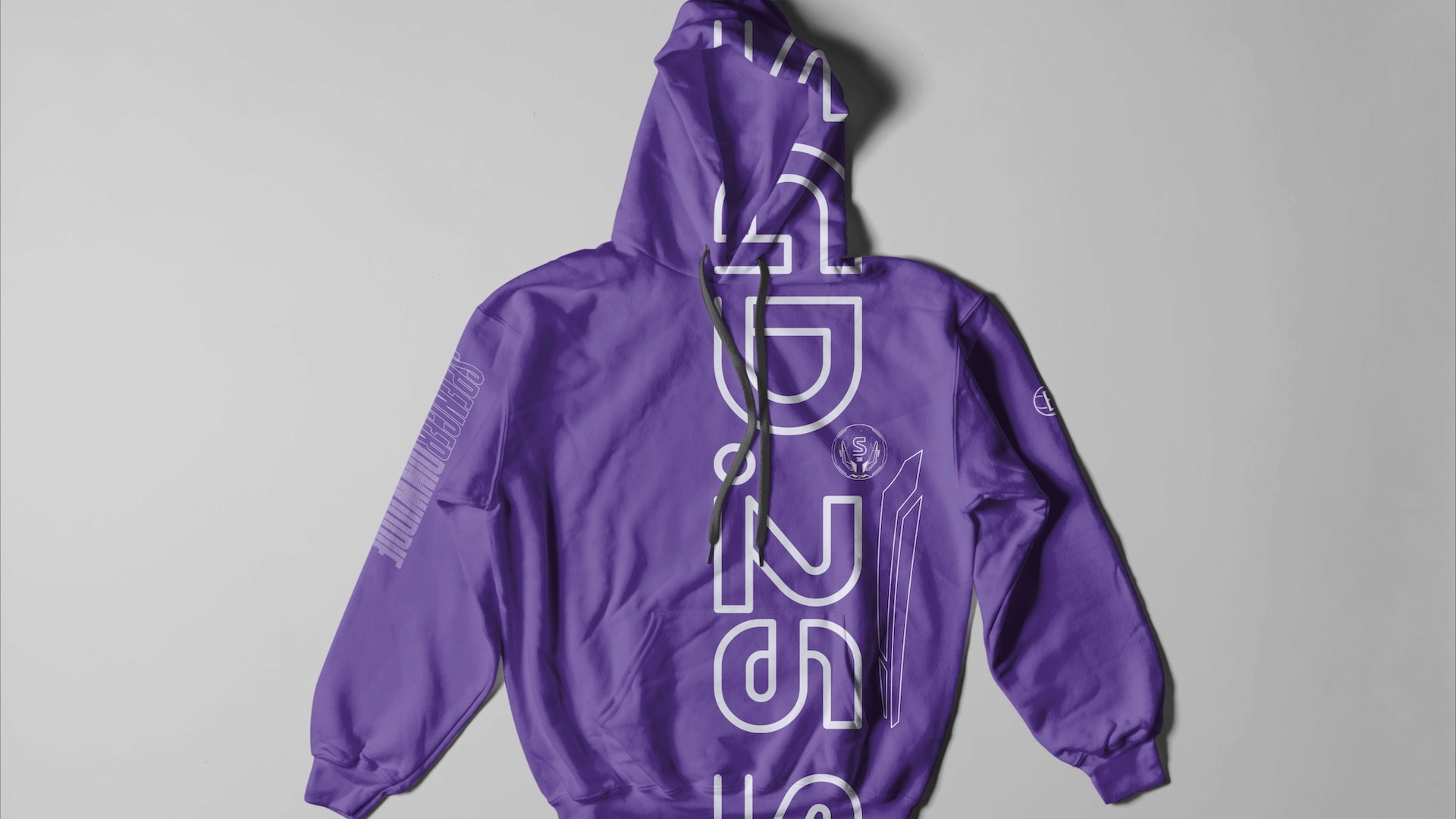 Spencer Dinwiddie SGD.26 purple hoodie mockup featuring oversized S25 logo typography, Iron Man inspired wing graphic, and crest badge on chest
