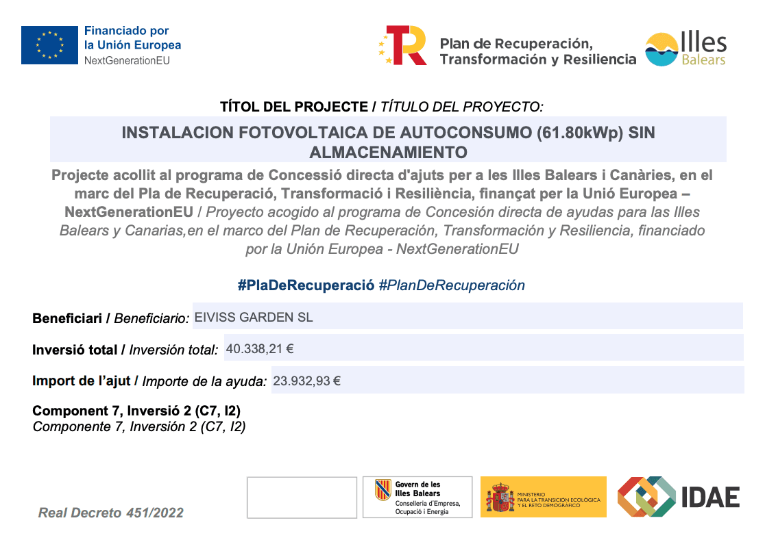 Instalación fotovoltaica e autoconsumo Eiviss Garden