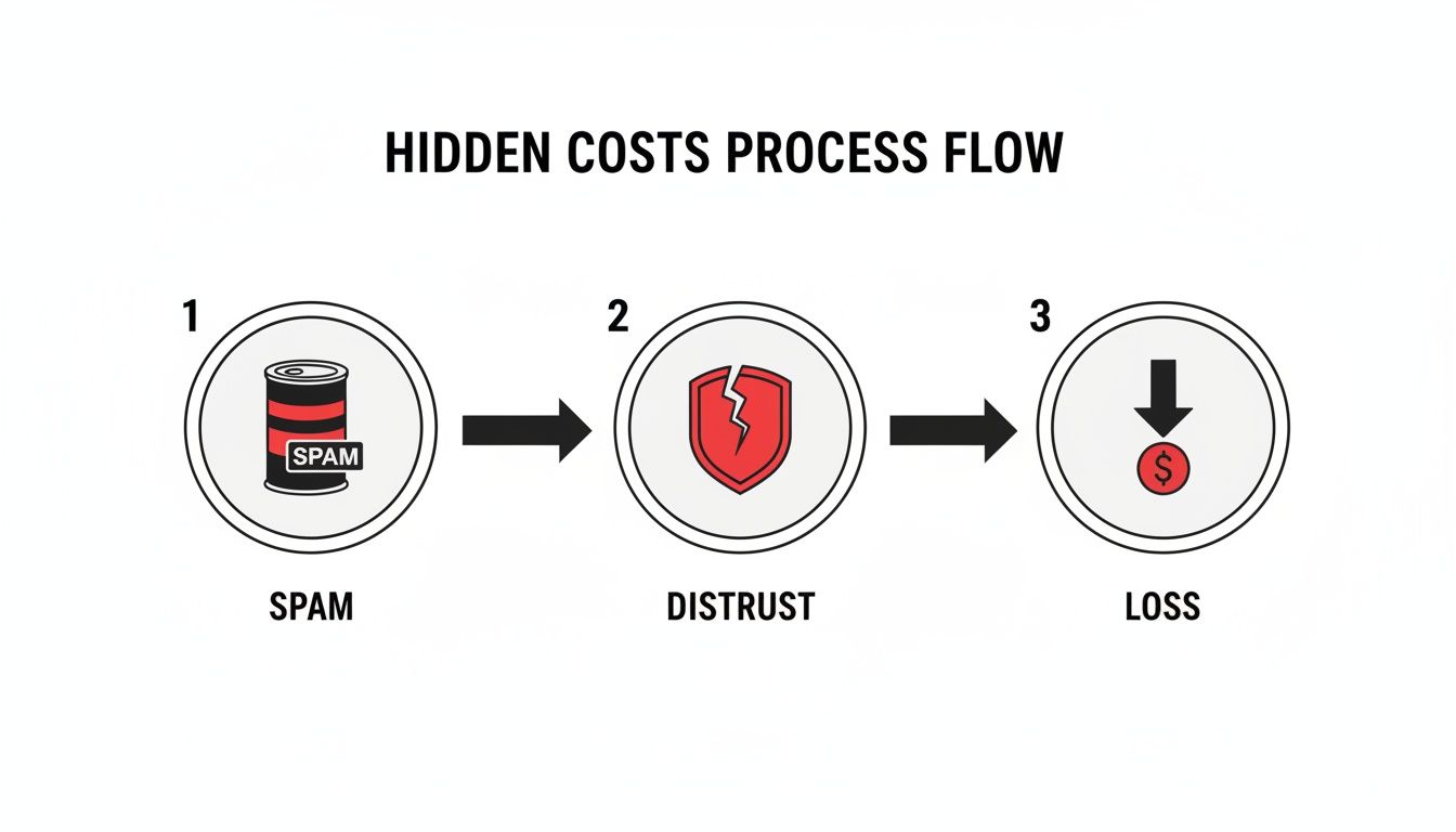 A hidden costs process flow diagram shows spam leading to distrust, which then results in financial loss.