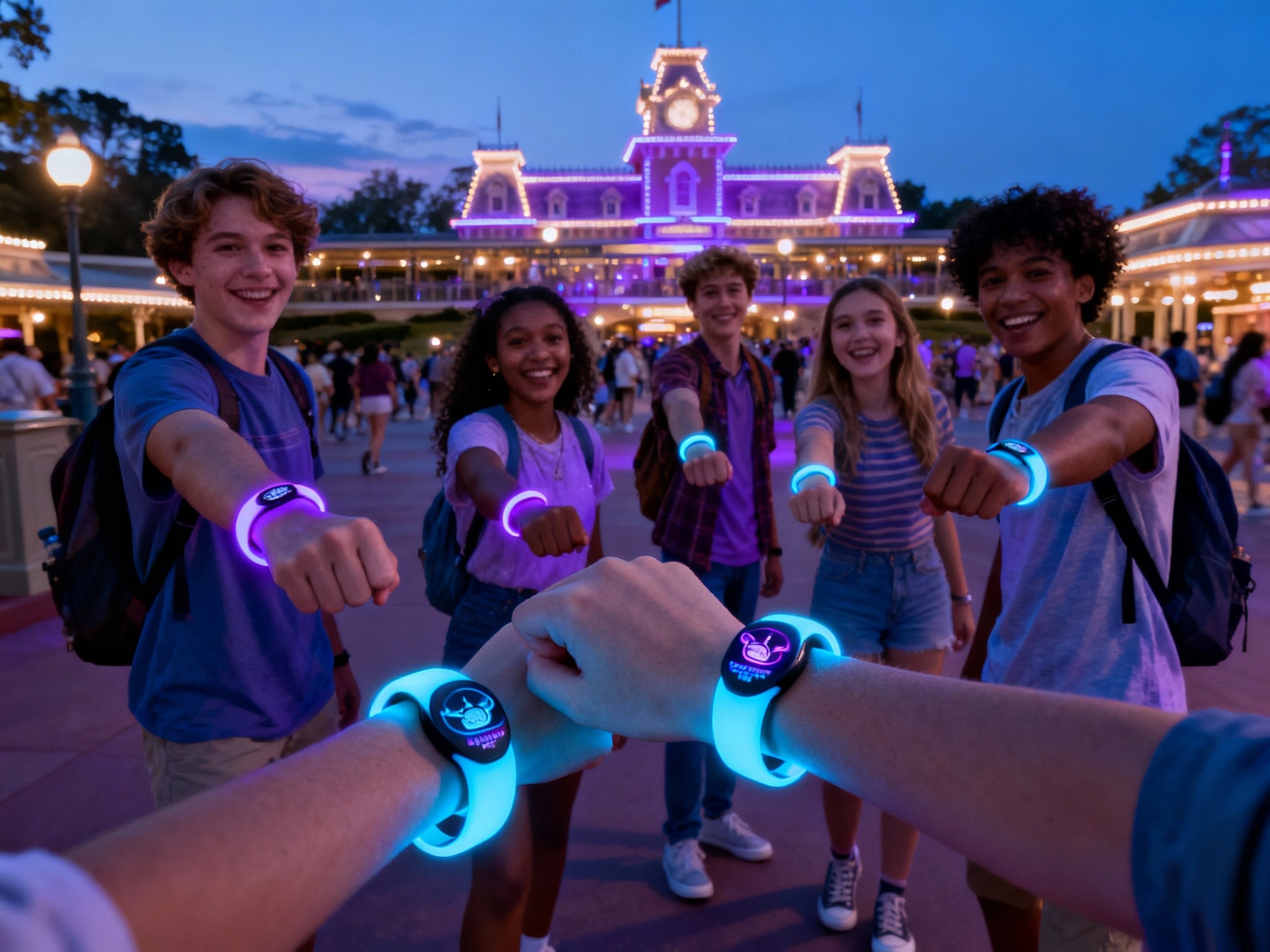An expansive twilight scene at a bustling Disney park entrance featuring a diverse group of friends