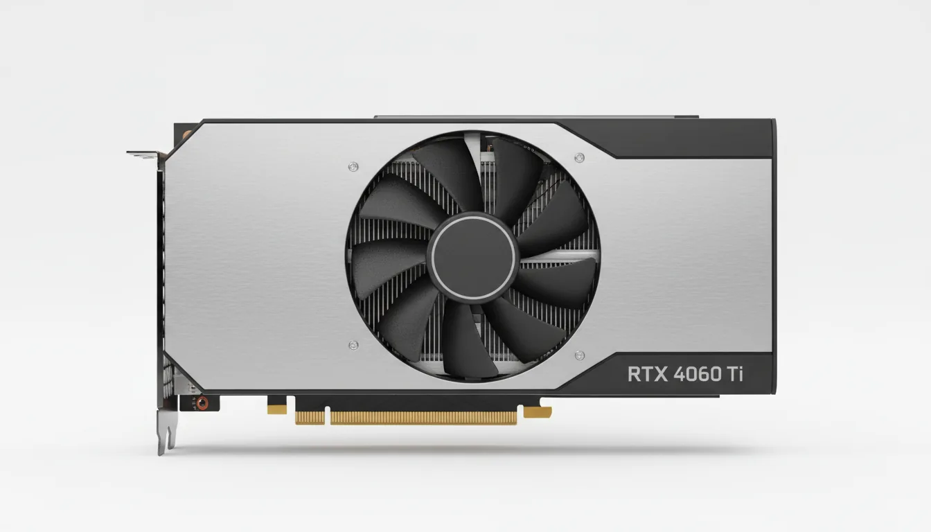 Studio product photography of an NVIDIA RTX 4060 Ti Founders Edition graphics card, isolated on a seamless white background. DSLR shot, eye-level side profile. The lighting is soft and even, creating subtle highlights on the brushed silver aluminum frame and matte black metal casing. A single large cooling fan with matte black blades is visible. The entire graphics card is in razor-sharp focus, showcasing the texture of the materials and the gold-plated PCIe connector. The text "RTX 4060 Ti" is crisply printed on the side.