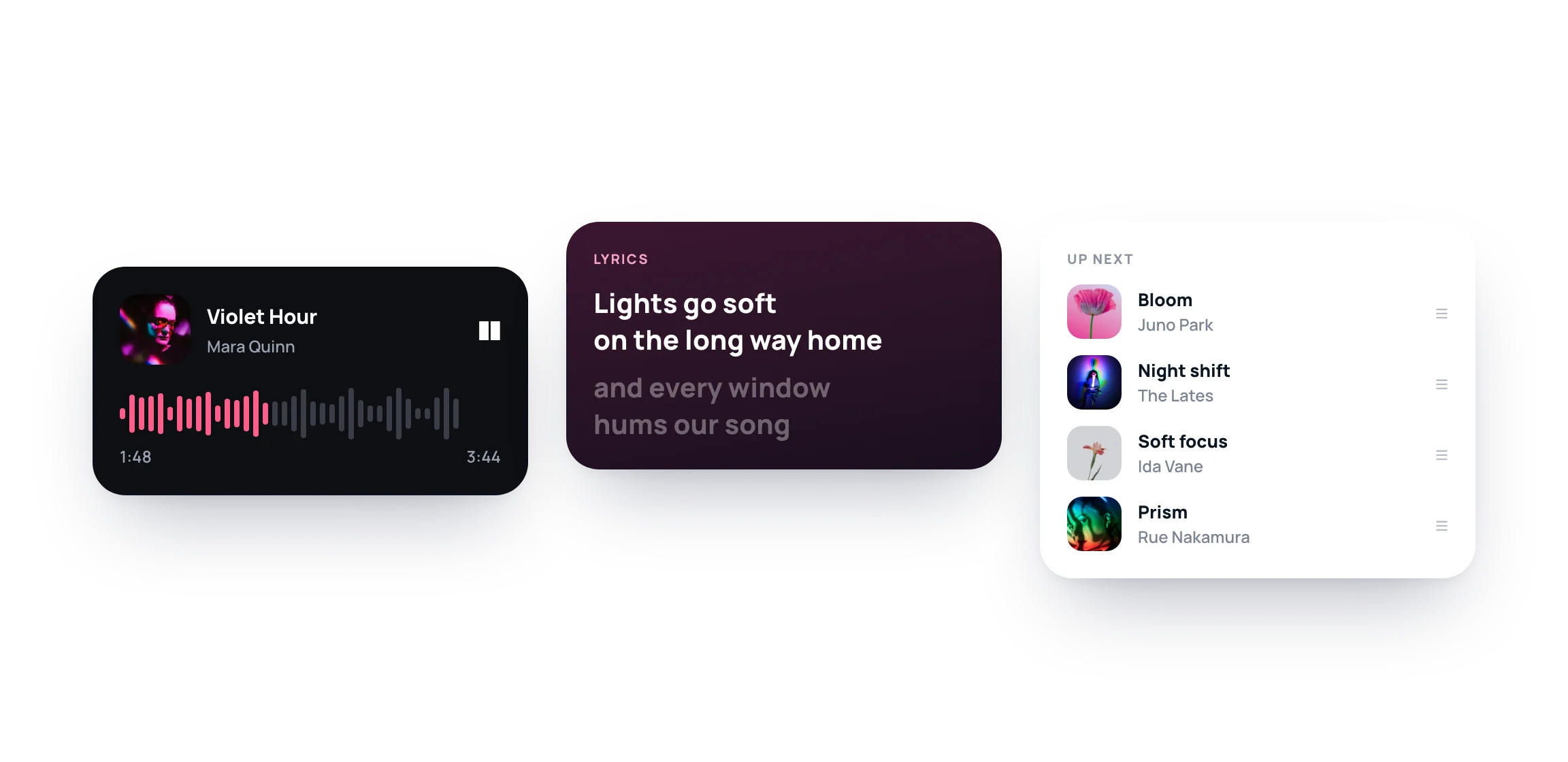 Live activity, lyrics and queue share one calm visual language.