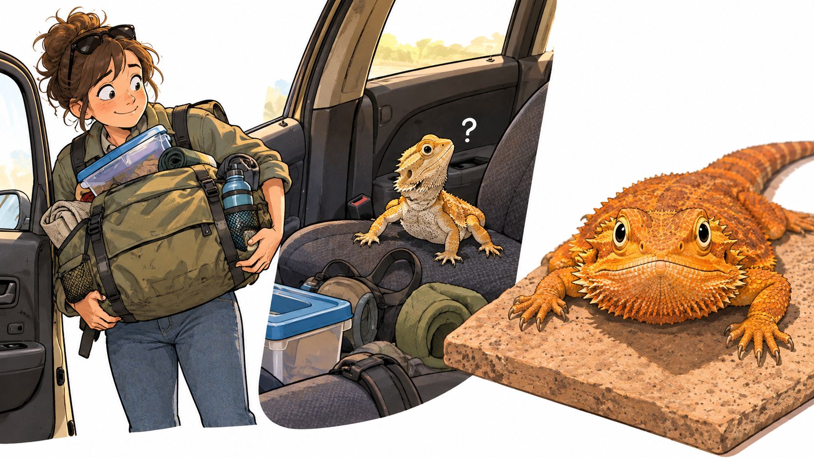 A woman prepares for a trip with her pet bearded dragon sitting in the car seat.