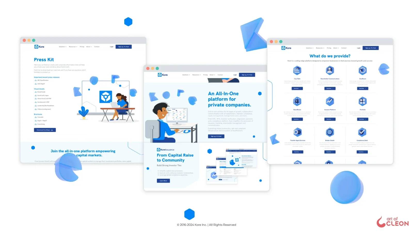 Three overlapping browser windows show Kore website pages: a press kit, an all-in-one platform page with an illustrated person working at a computer, and a product grid. Blue hexagons and translucent 3D objects frame the windows.