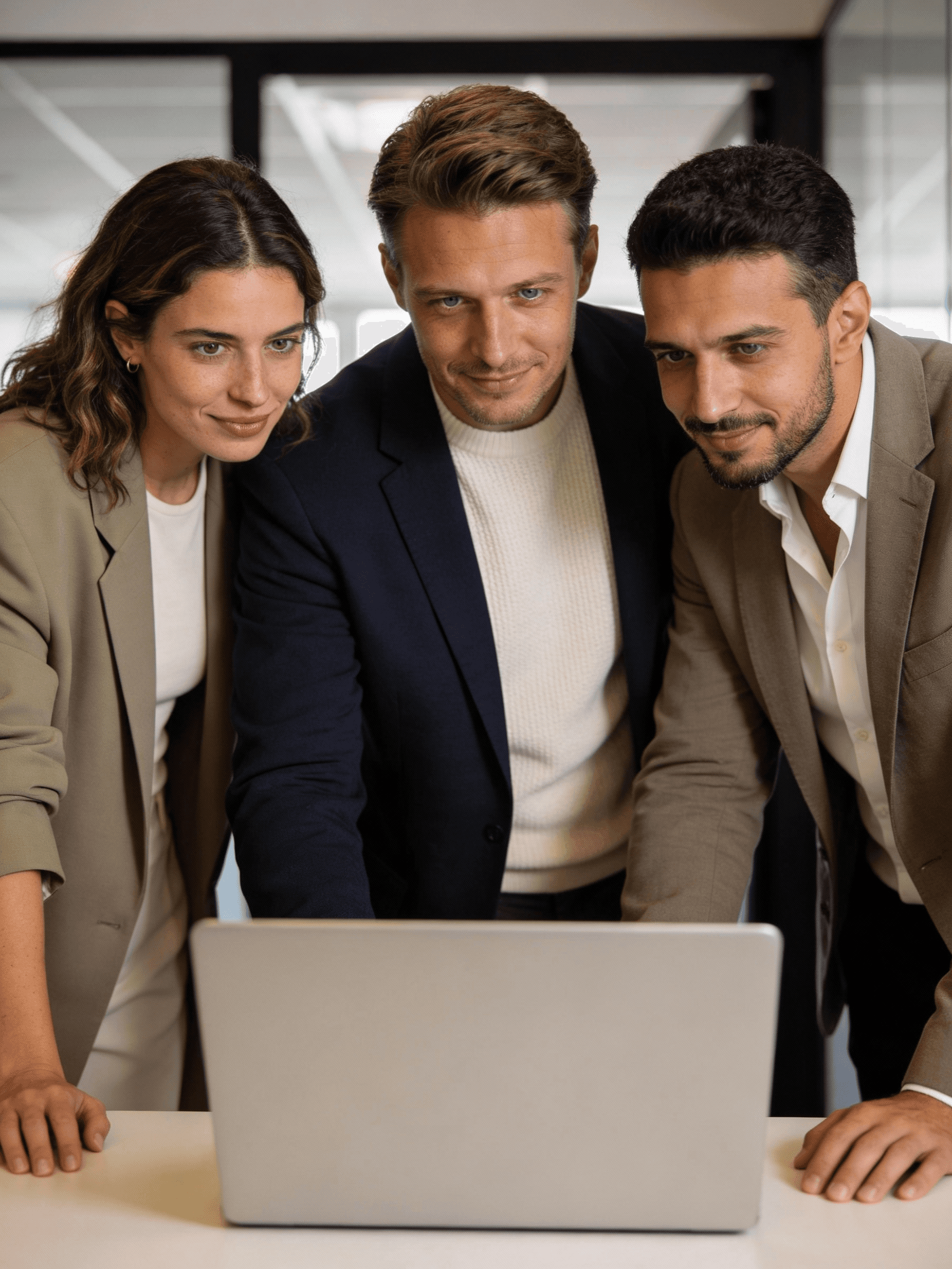 Three professionals collaborate around a laptop in a modern office setting, showcasing teamwork and focus.