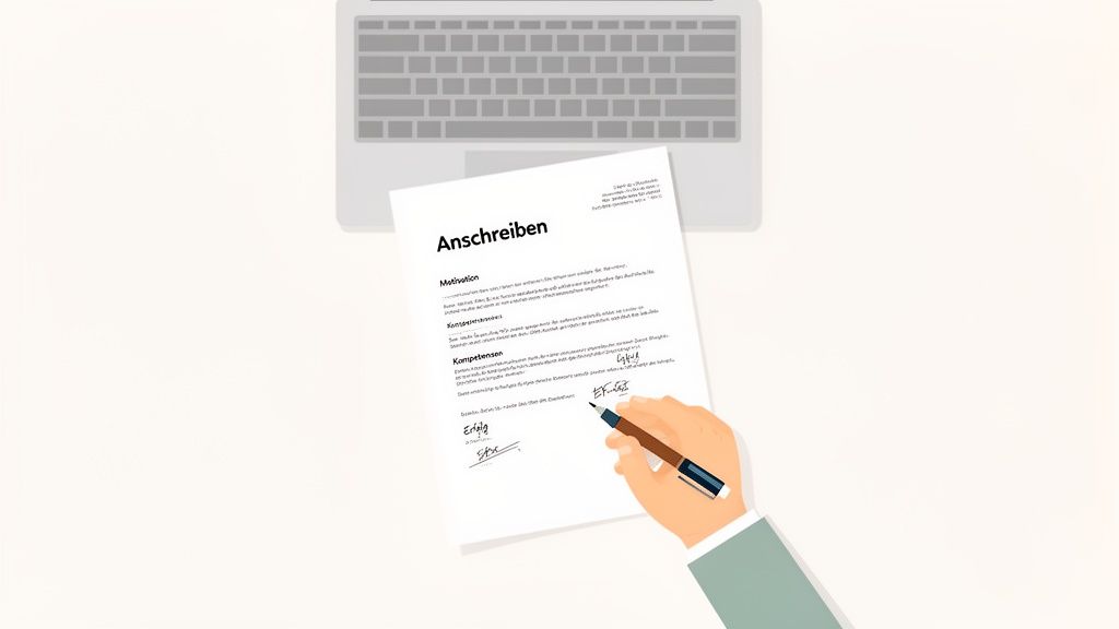 Eine Hand unterschreibt ein Anschreiben für eine Bewerbung. Ein Laptop ist im Hintergrund zu sehen.