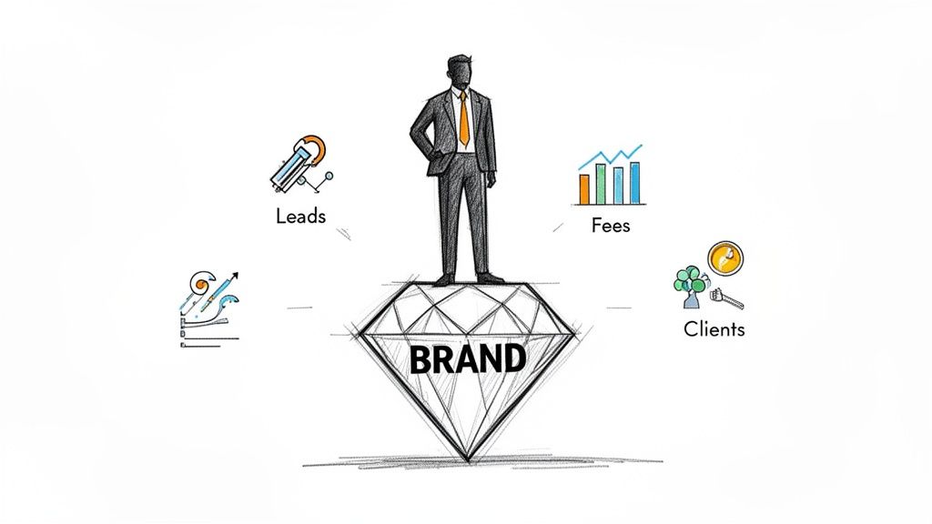 A professional man stands on a diamond-shaped brand, with icons for leads, fees, and clients.