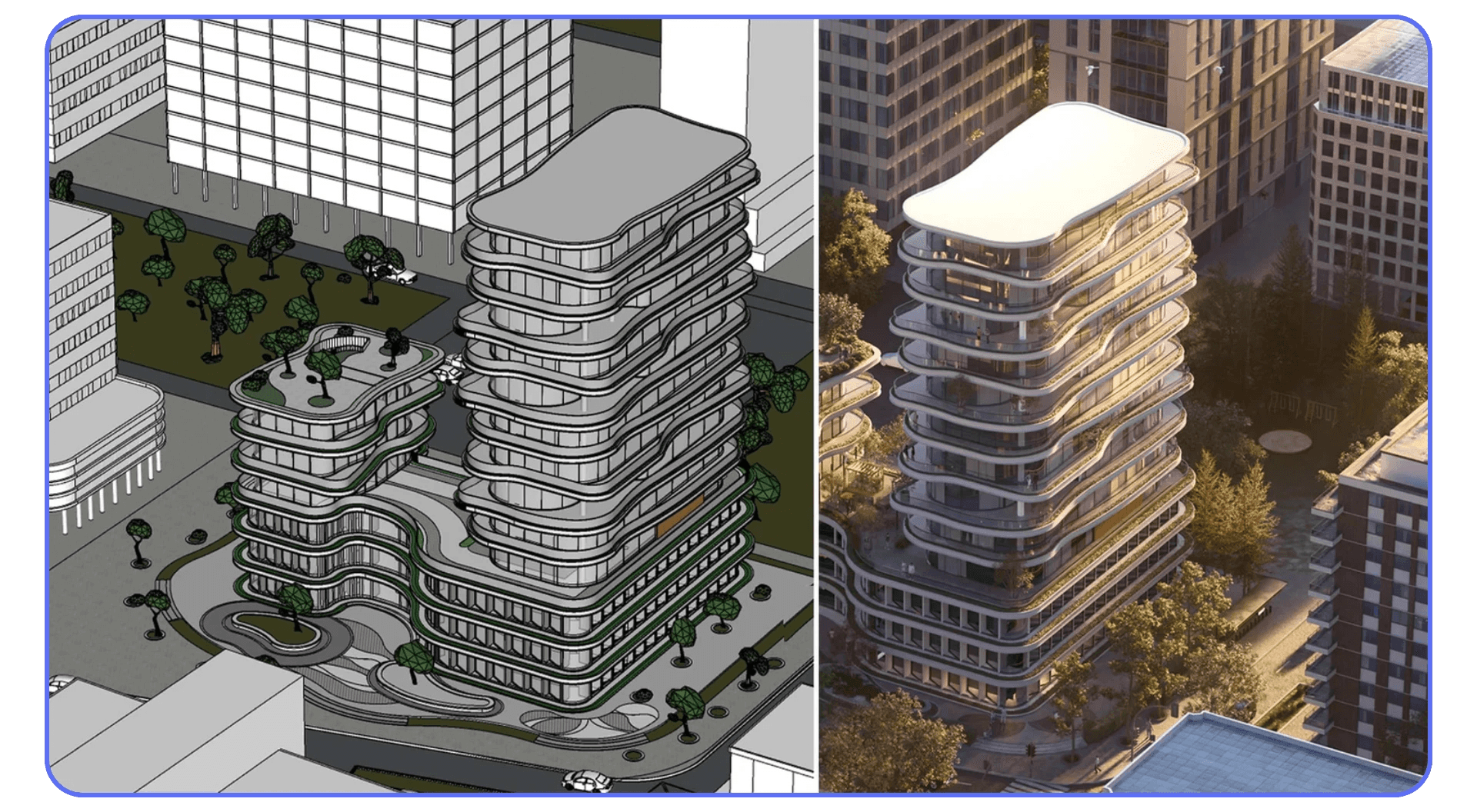 Comparison of a SketchUp architectural model in wireframe view and its final realistic render