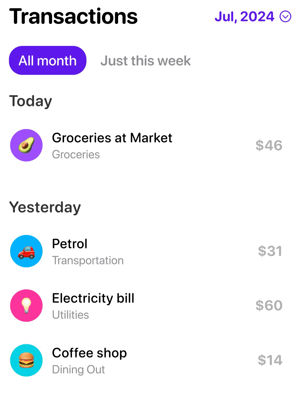 Cropped Luna App Store marketing screenshot showing a manual transaction list grouped by day and category without an added phone frame