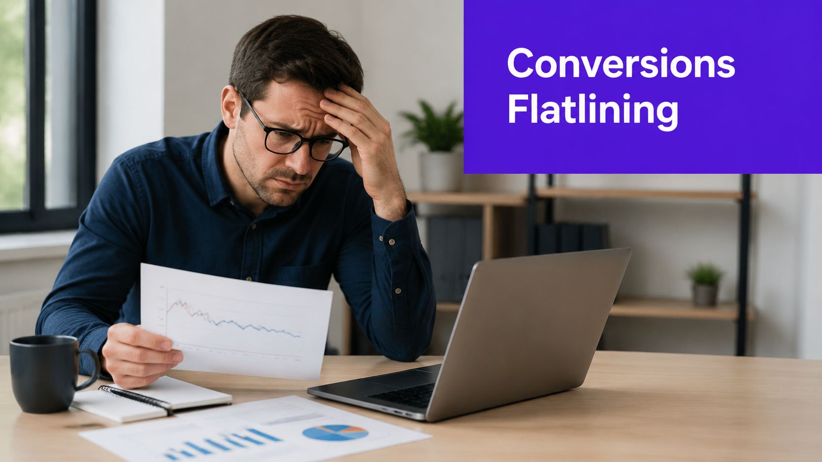 A concerned professional looking at business analytics documents and a laptop, feeling frustrated by stagnant results.