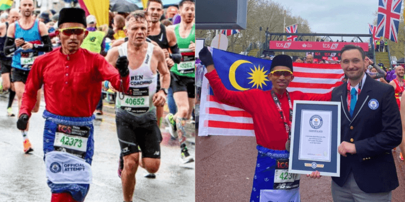 Pelari maraton Malaysia, Mohd Syahidan Alias, berlari dalam maraton di London dengan memakai Baju Melayu Bulan Bintang.