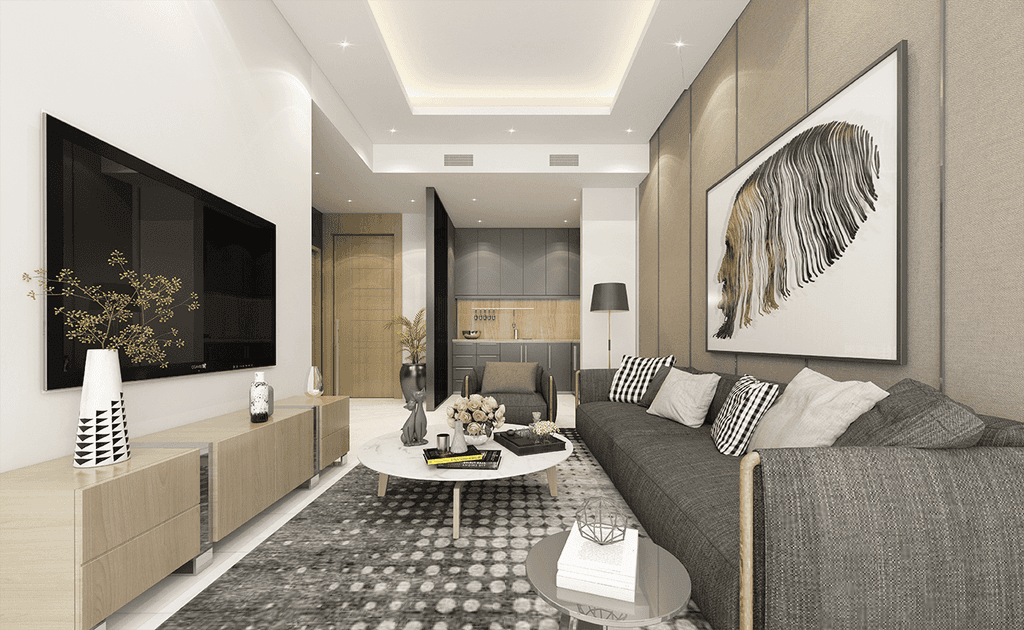 A modern living room featuring a large television, with the Cloud Tower in Dubai visible through the window.