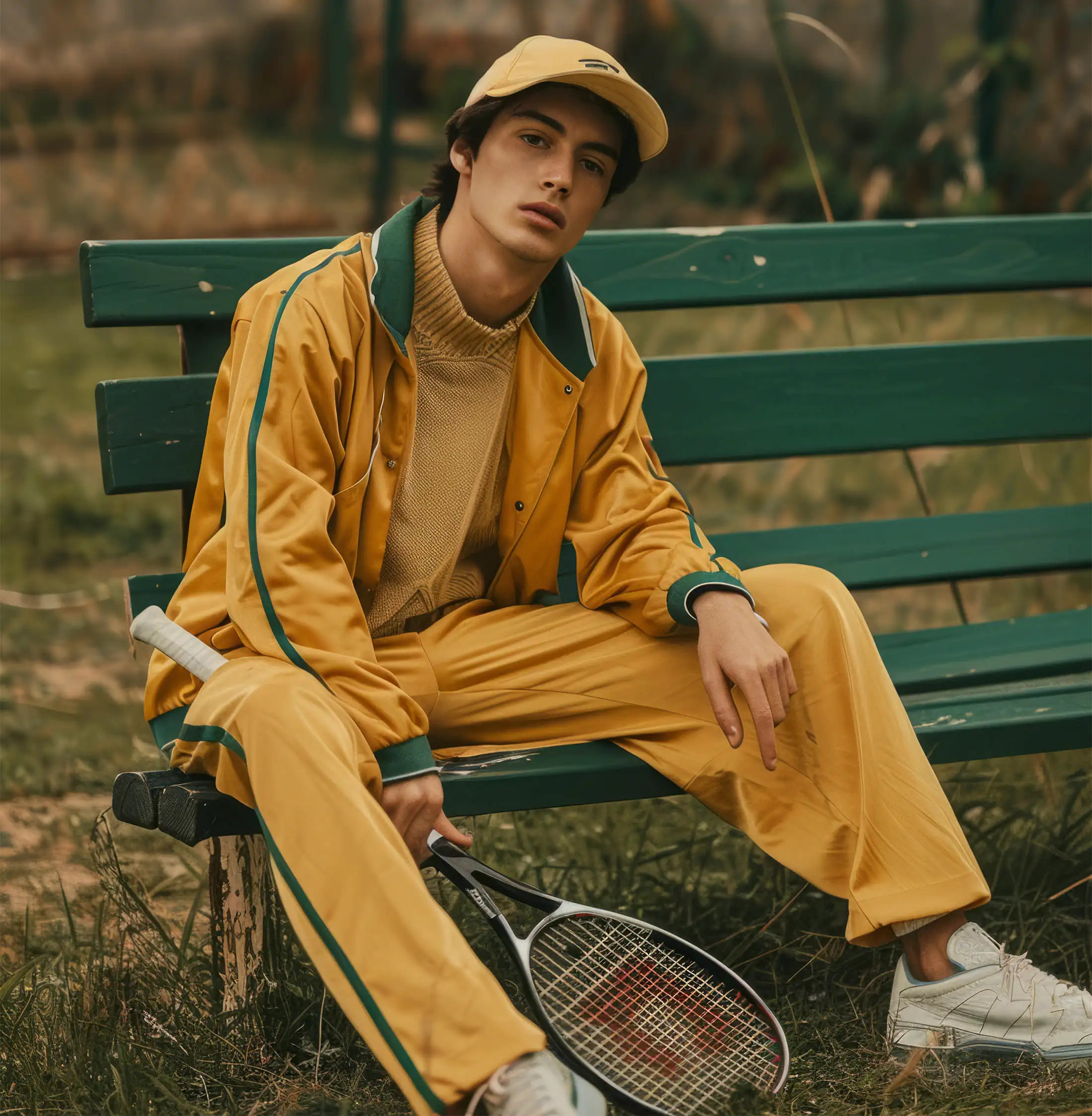 Model in a yellow and green tracksuit and cap seated on a green park bench with a tennis racket