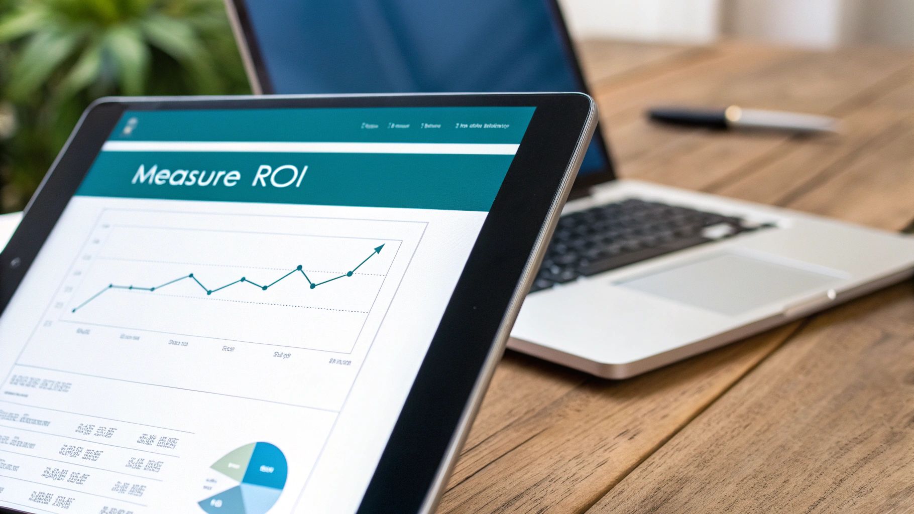 A tablet displays a 'Measure ROI' dashboard with a rising line graph and pie chart on a wooden desk next to a laptop.