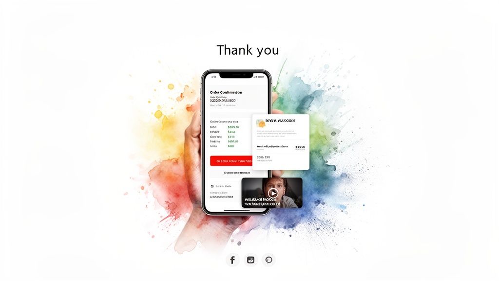 Smartphone displaying an order confirmation screen with a 'Thank you' message on a colorful watercolor background.