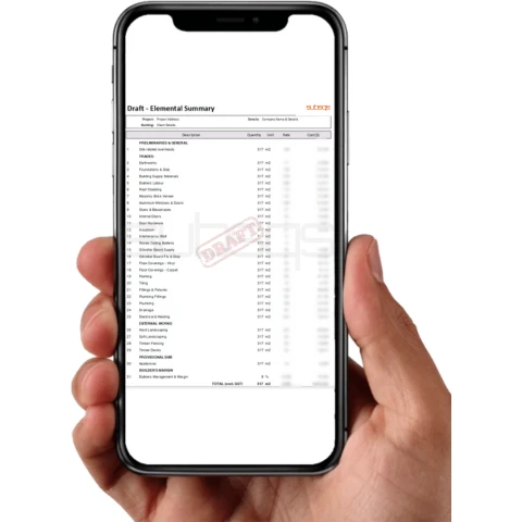 photograph of a phone being held by a human hand showing a report prepared by SubsQS Ltd