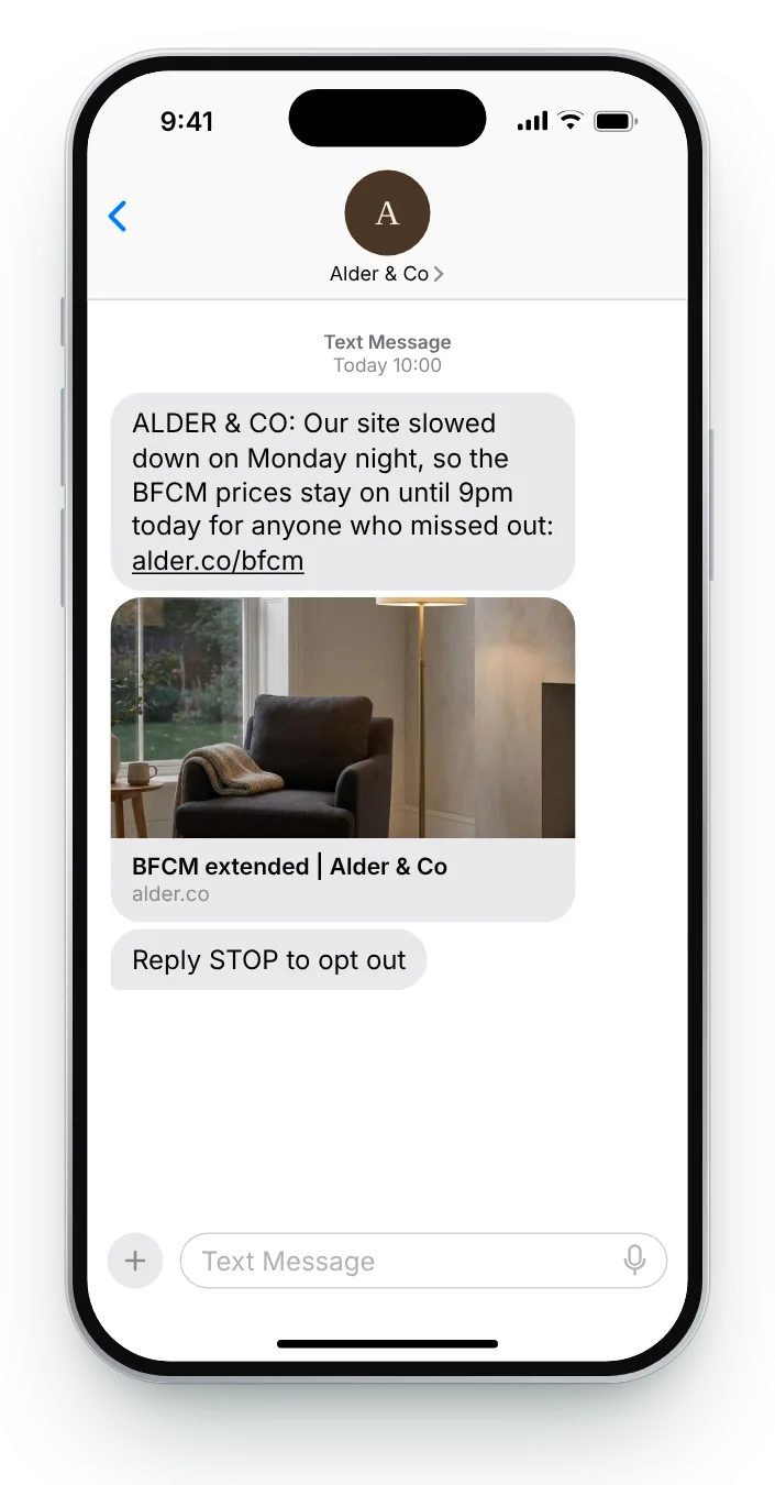 Extended by a day, said honestly BFCM text on an iPhone