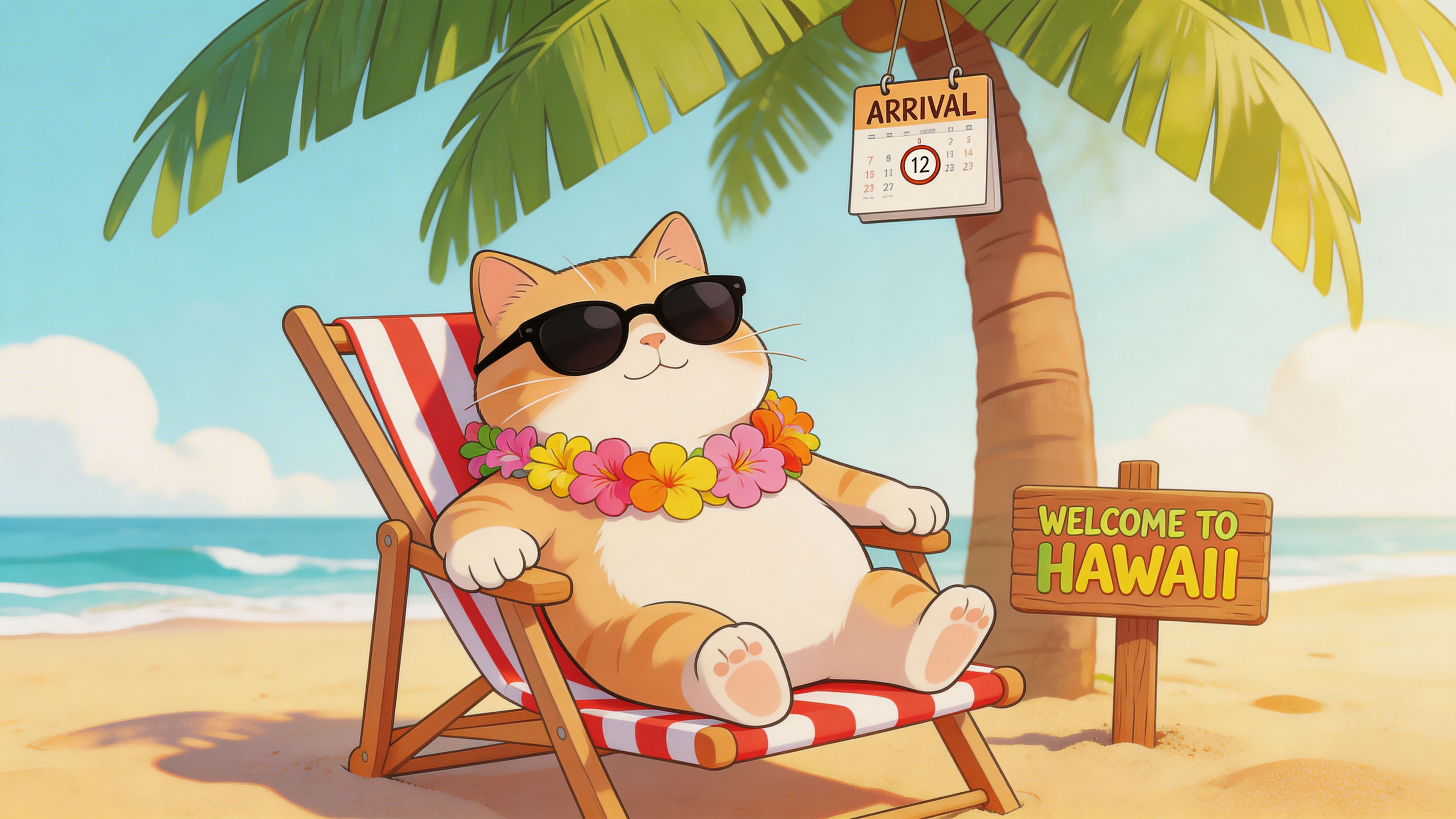 A cute orange tabby cat wearing sunglasses and a flower lei relaxing on a beach lounge chair.