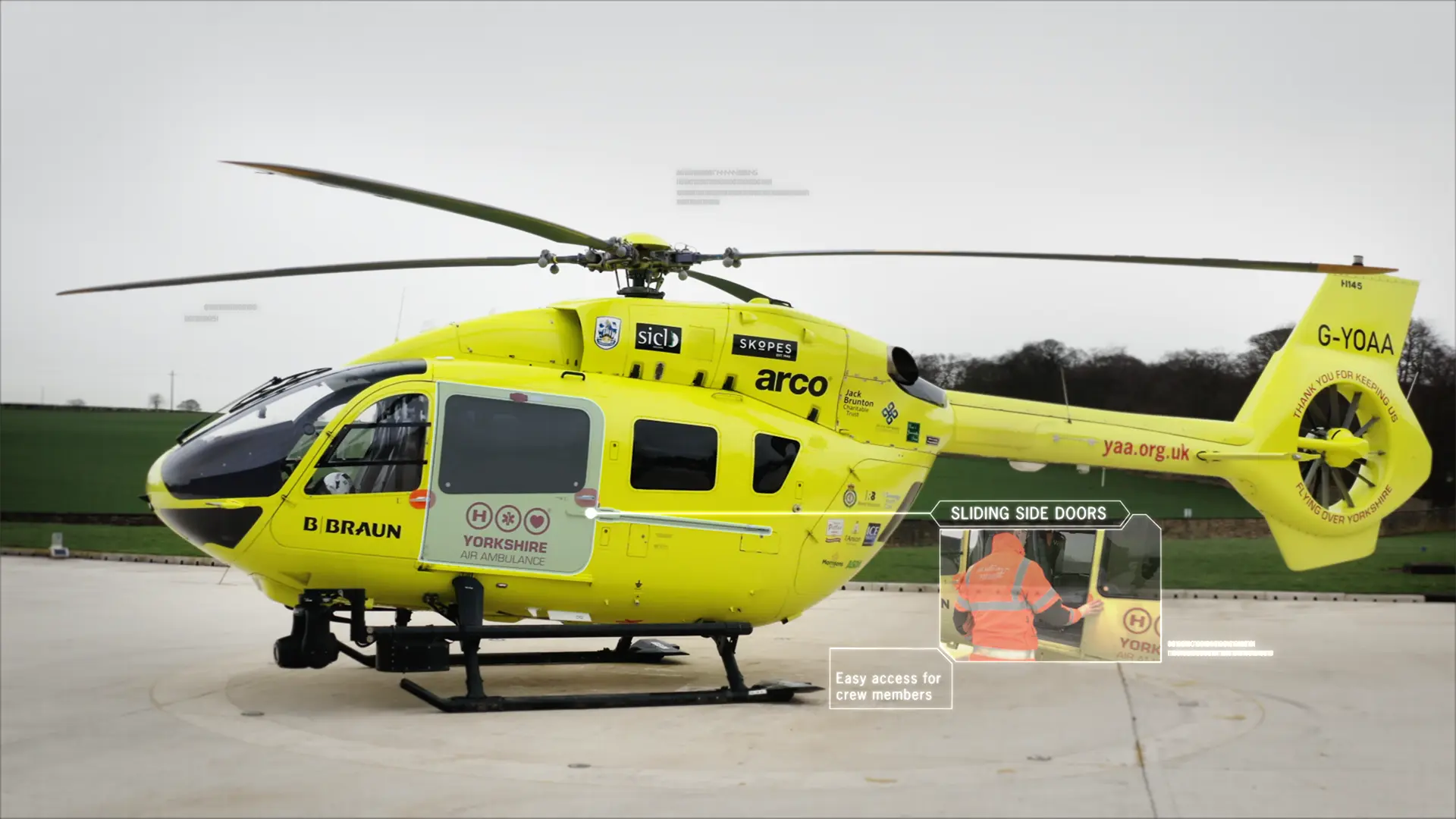 A Yorkshire Air Ambulance helicopter on the ground, showing its exterior design and access doors.