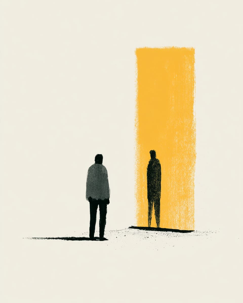 Illustration: Mann vor einem gelben Lichtstrahl, Schatten. Konzept der Reflexion