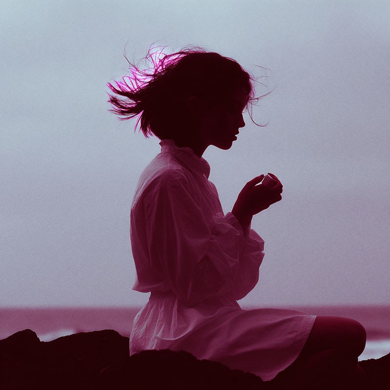 Person in vibrant red outfit and matching hat against soft pink backdrop, high-fashion editorial style
