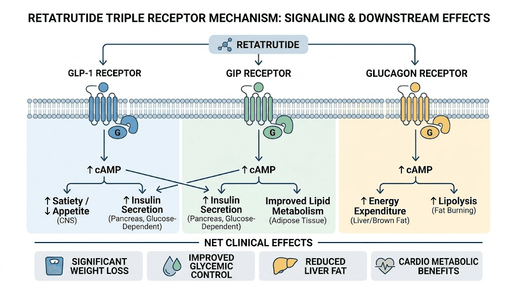 Retatrutide triple agonist mechanism showing GLP-1 GIP and glucagon receptor activation