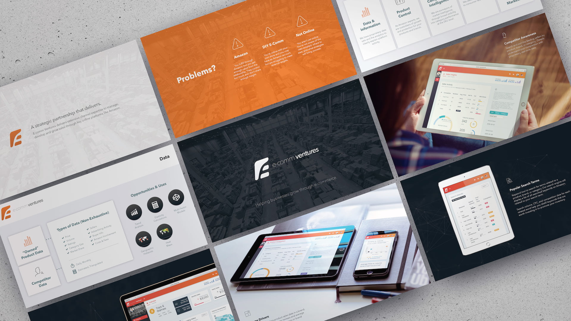 E-Comm Ventures B2B sales deck showcase featuring multiple presentation slides arranged in an isometric grid layout, displaying the orange and charcoal brand identity, analytics dashboard mockups, data visualization screens, and problem-solution messaging for an Amazon e-commerce growth platform designed by Chadd Weston.