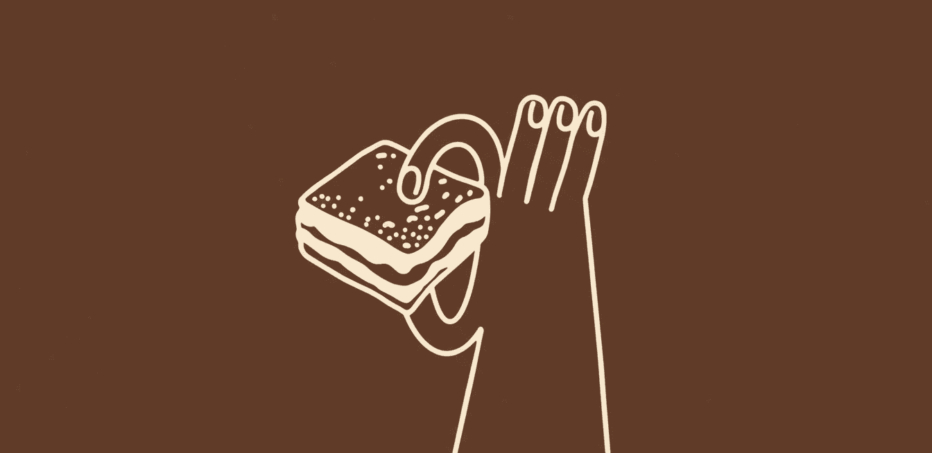 A minimalist illustration showcases a hand holding a perfectly sliced sandwich, set against a brown background, symbolizing simplicity and the joy of classic snacks.