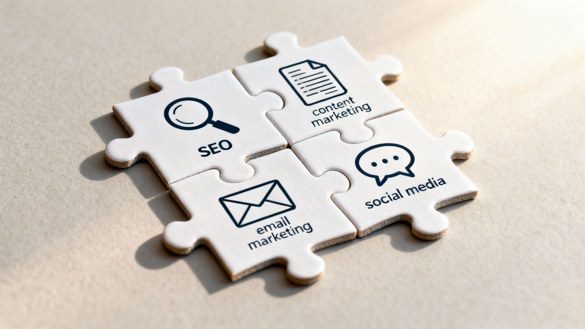 A diagram showing the different core components of a digital marketing strategy fitting together like puzzle pieces.