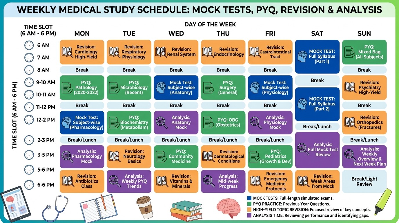 Weekly revision schedule showing mock tests, PYQ practice, and high-yield topics distribution