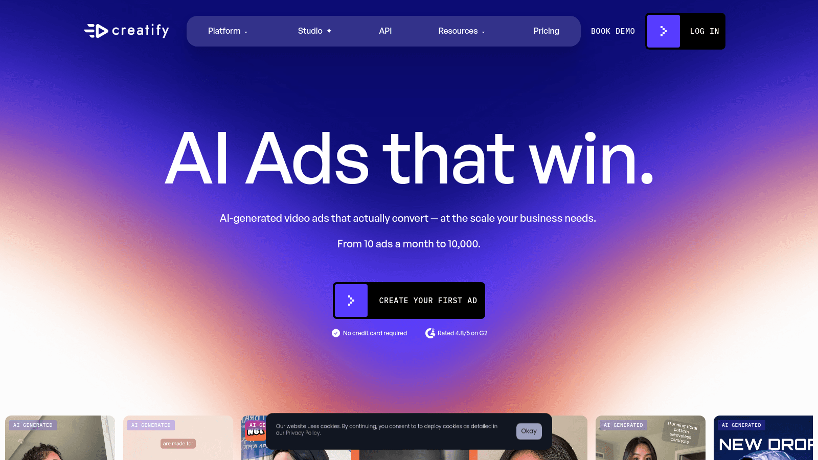The Creatify homepage featuring a headline about AI-generated video ads and a call to action button.