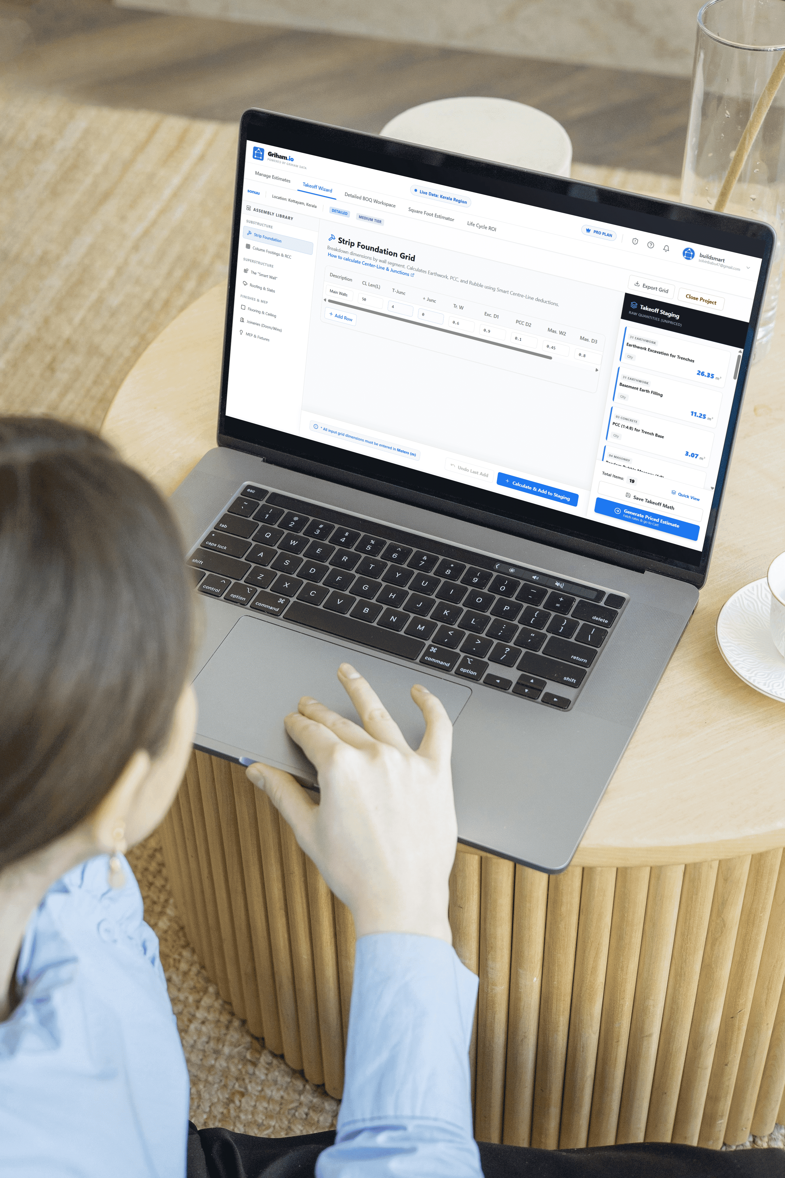 Griham construction takeoff wizard dashboard showing material quantities