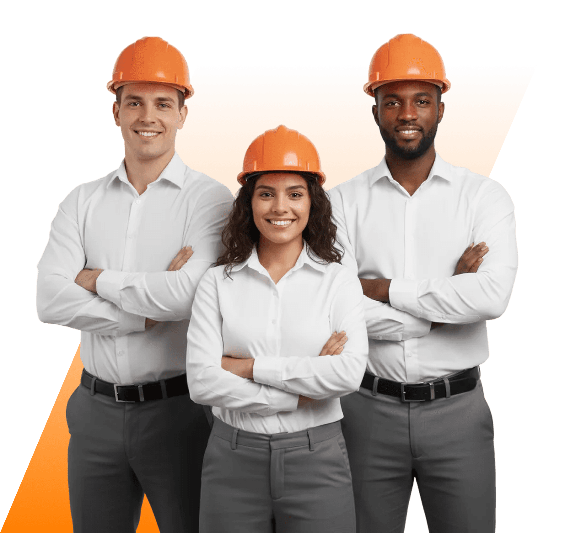 Homem e mulher, ambos com capacetes brancos e coletes de segurança (laranja e amarelo), sorrindo e com braços cruzados, segurando projetos. Representam profissionais de SSMA, engenharia ou supervisão de obras.