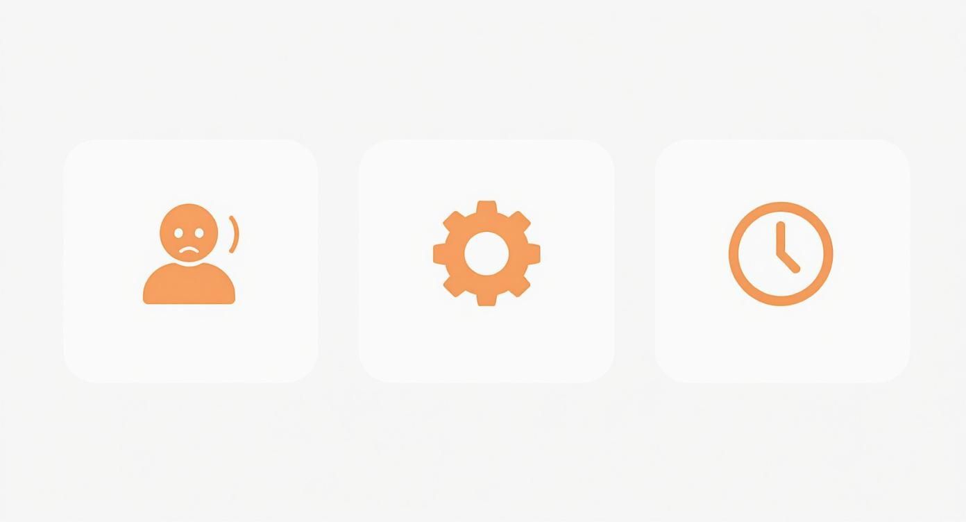 Three orange icons on white cards: a user with a sad face, a gear, and a clock symbol.