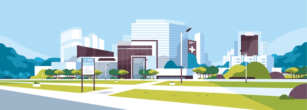 Stylised illustration of a modern hospital and city skyline, used as a header for the Queensland public hospital case study section