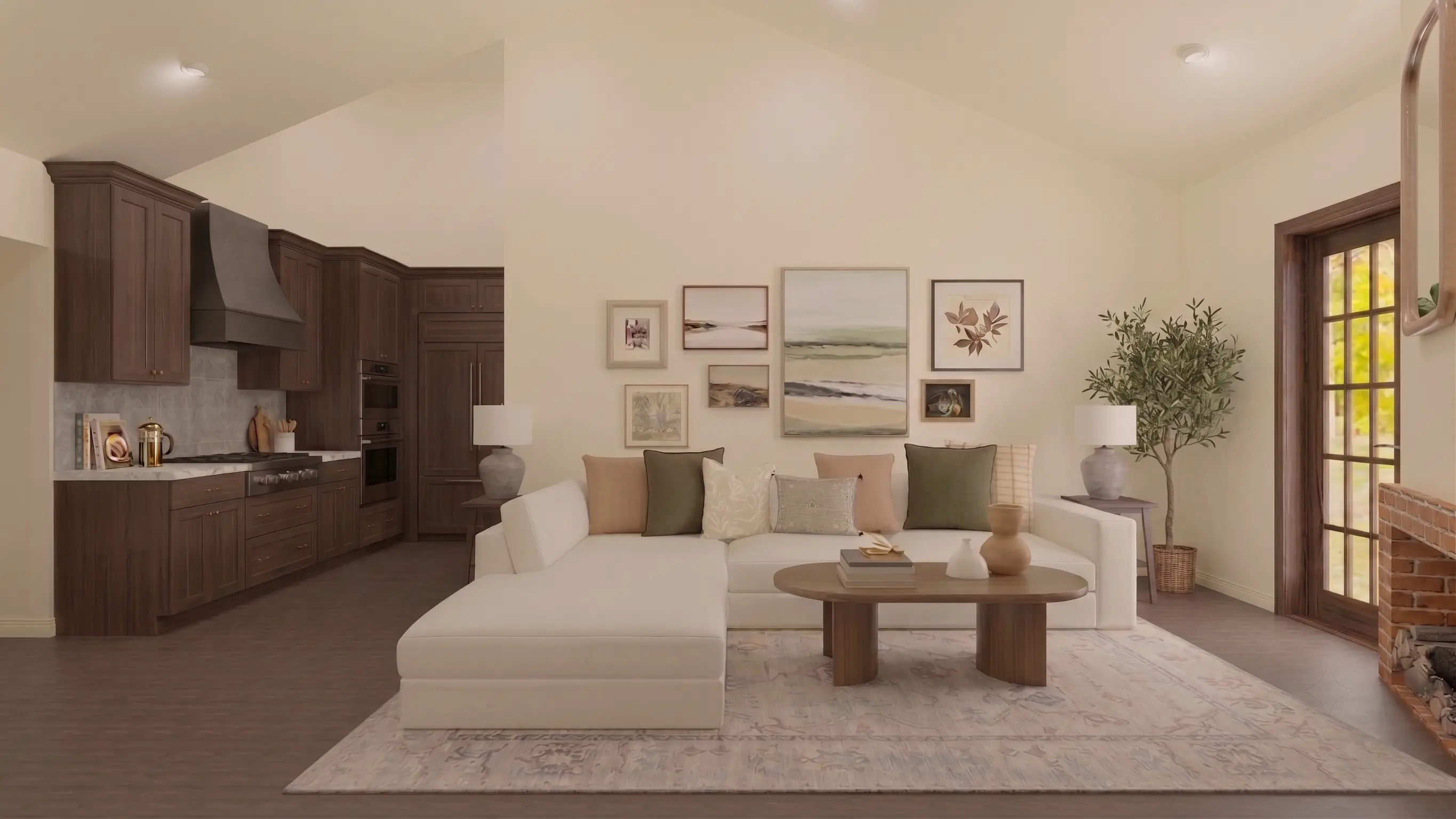 Stylized 3D rendering of a cozy, modern living room with warm-toned furniture, layered textures, and artistic wall decor, blending contemporary comfort with inviting design elements.